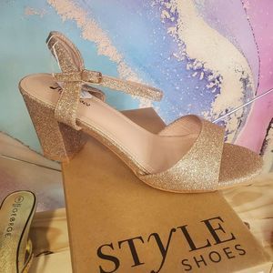 Champagne glitter chunky heel open toe heels